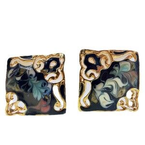 Vintage Cloisonne Enamel Earrings Gold Tone Black Floral Square Pierced USA 1980